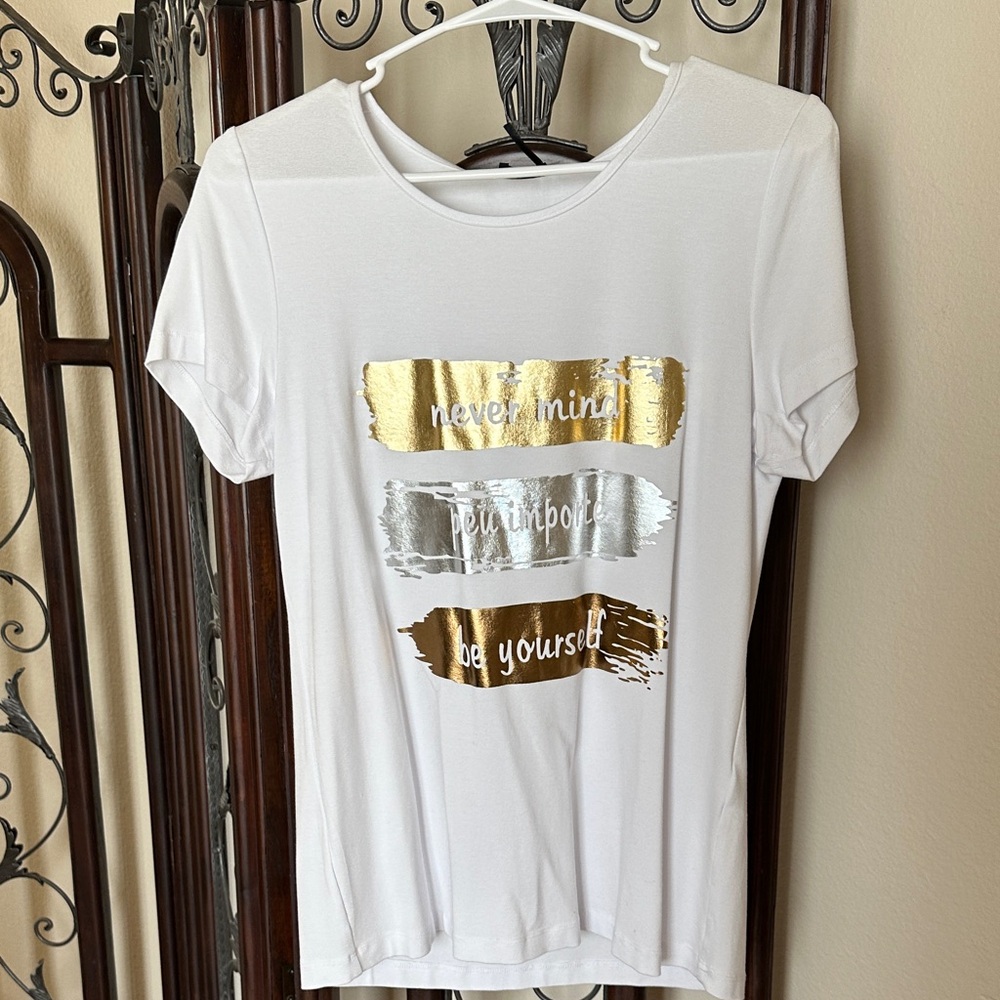 Tricotto White Short Sleeve Tee with Gold & Silver Foil Brushstrokes